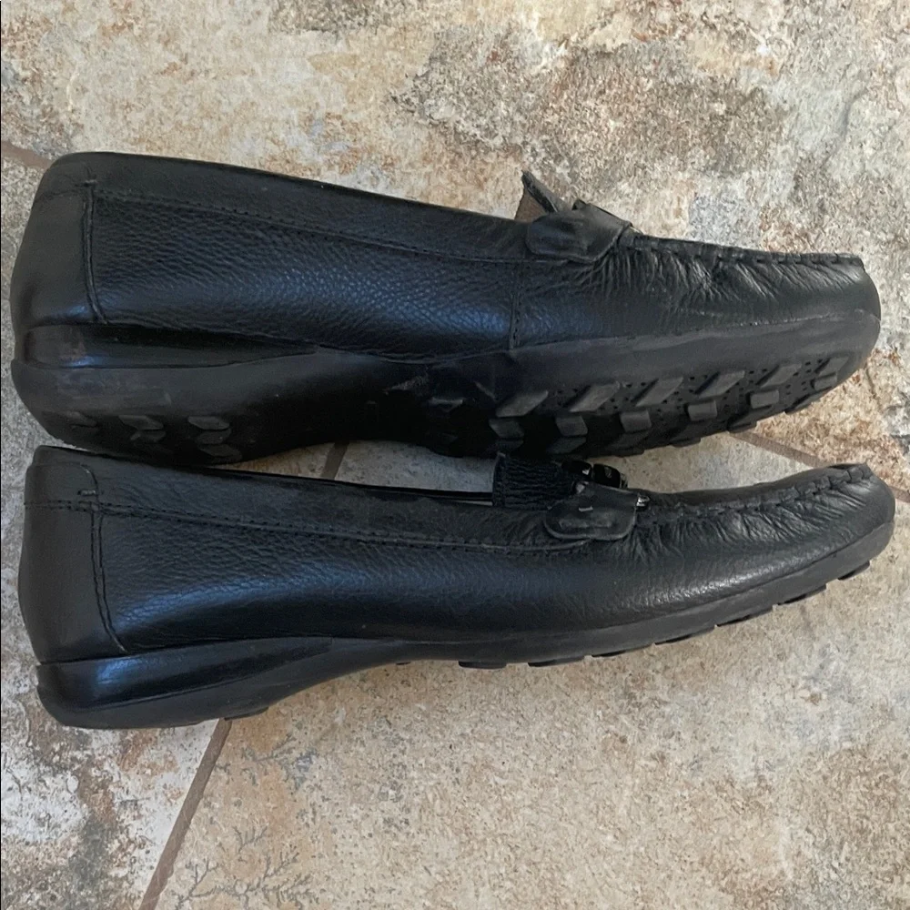 Geox Women's Black Leather Loafers with Metal Detail